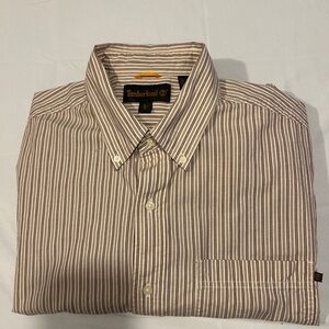 Timberland Men's Shirt with Brown and White Stripes